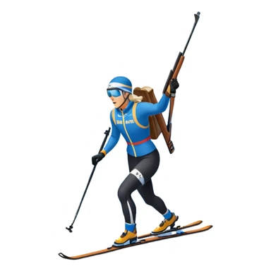 An icon showing a biathlete skiing on a snow-covered Olympic track with a rifle on their back. Cheering fans fill the stands. Majestic mountains, snowy trees, and a bright blue sky complete the scenic winter landscape. Transparent background captures the spirit of biathlon. sticker
