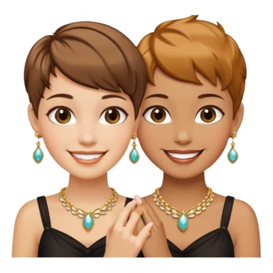 Fair skin and caramel colored besties with brown hair pixie cuts wearing jewelry   sticker