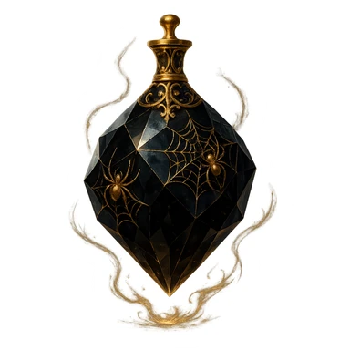luxurious black crystal elixir bottle with many shining facets, ornate decorations including spiders and spider webs, golden details, magical effects, very small golden neck, transparent background, beautiful merging base, clearly floating in air without base or shadow, premium class impression, design matching a collection of crystal, luxurious, magical bottles sticker