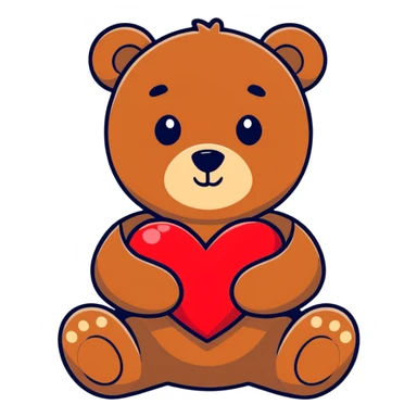 A sitting medium brown teddy bear, holding a red heart ￼ sticker