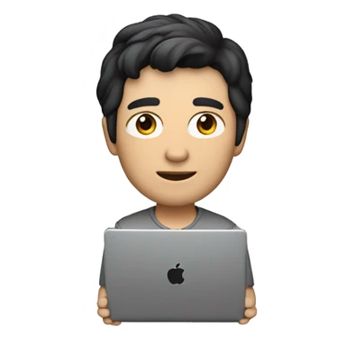 Create an image :  memoji of a male developper with a laptop in front,apple style,  modern, black hair, white skin, grey zip col swetter

 sticker