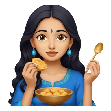 a pretty tan indian bratz girl with wavy long BLACK hair. eyeliner on, wearing a blue kurti, eating golgappa (without spoon) sticker