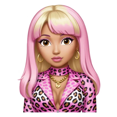 Nicki Minaj in pink and white leopard print outfit with half blonde half pink hair, blonde on left side, pink on right side, with bangs sticker