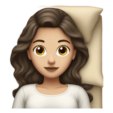 white girl with long dark brown hair in a bed with beige comforter sticker