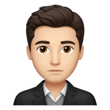 He’s a man with light to medium skin, a defined oval face, full brows, deep-set eyes, and wavy short dark brown hair styled with height, sides are trimmed. expression calm and focused relaxed black open-collar .polished, articulate, and coach vibe. sticker