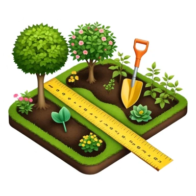 Icon for Landscape Design: a garden layout with plants, trees, paths, and design tools like a spade, pencil and measuring tape. The icon should represent creativity in outdoor space planning and gardening. Transparent background. sticker