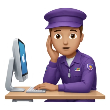 emoji of a man sitting at the table with an imac on it, a man is sitting in a very thoughtful pose, he has his hands on the table and his head resting on themб he look into the screen of imac, he is dressed in FedEx uniform with a cap sticker