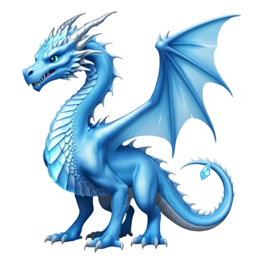 Cinematic Noble elegant Ice Dragon full body Emoji, Poised and imposing, distinct long elegant snout, with a slender, scaled body shimmering in glacial hues of icy blue, frostbitten silver, and crystalline white, breathing out frost, with piercing, glowing eyes that radiate the chilling depths of an arctic storm; rendered in detail. displaying its wings sticker