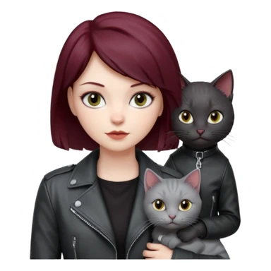 femme  yeux gris, cheveux court bordeaux, cuir noir, avec chat poils longs gris clair et chat poils ras noirs sticker