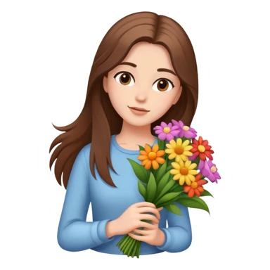 cool girl with long brown hair and fair skin tilting her head to the side while holding a bouquet of flowers sticker