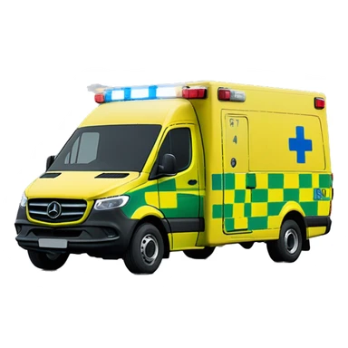NHS Mercedez sprinter ambulance, yellow body, with green and yellow checkerboard strip along the bottom. NHS logo on the side. Blue flashing light strip on top sticker