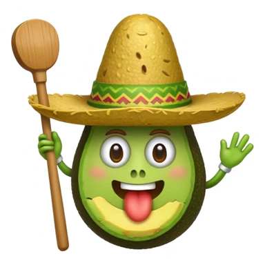 avocado in guacamole, wearing a sombrero, with a cartoon mallet above its head, whack-a-mole inspired, iOS emoji style sticker