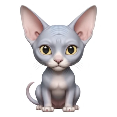 A 3D cartoon silver-gray Sphynx cat with smooth skin, gentle expression, elegant pastel lighting, cinematic Memoji rendering. full body or half body. sticker