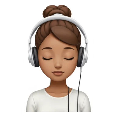 Light brown skin girl, brown hair in bun, eyes closed, white headphones on listing to music sticker