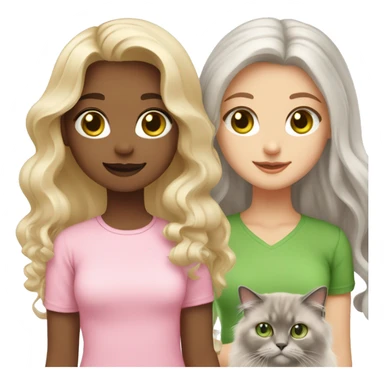 Coloured blonde girl with Long wavy hair with Brown green eyes and wearing a light pink shirt holding a grey  long haired ragdoll cat also wearing pink sticker