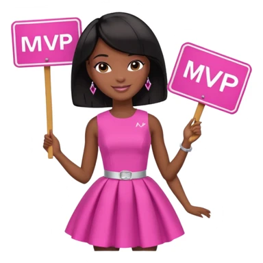 Black barbie, short  black bob  hair, pink dress with a sign that says mvp sticker