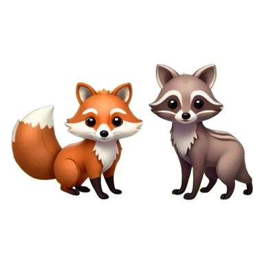 raccoon and a fox among a colorful forest with vibrant green trees, bushes and flowers. The animals are in the foreground, surrounded by a lush, bright forest, with soft sunlight filtering through the leaves. A playful photo-realistic and wild scene with a transparent background. sticker