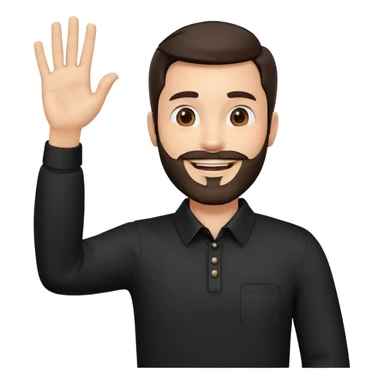 This image is a Memoji-style digital avatar sticker featuring a smiling man with a beard, dark hair, and a raised hand in a waving gesture.

Detailed Description for Recreation:
Face & Expression:

The avatar has a round face with a well-groomed black beard and mustache.

Eyebrows are slightly curved and match the black hair.

The eyes are black with a friendly expression, and the mouth is open in a warm smile showing white teeth.

Hair:

The hair is short, black, and slightly wavy with a styled quiff.

Hand Gesture:

The right hand is raised in a waving gesture, with fingers slightly spread apart.

Clothing:

The avatar is wearing a black, long-sleeved collared shirt.

Background & Style:

The background is transparent (common for stickers).

The art style is 3D cartoon-like, similar to Apple’s Memoji avatars. sticker