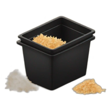 Black cubic plastic container with wood shavings inside sticker