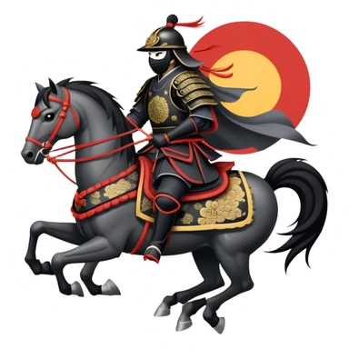 clash-of-clans-aesthetic_-cinematic-fearsome-and-majestic-samurai-bust-portrait-emoji, rendered in a flat, vector-style with minimal shading and bold, simplified shapes typical of emoji art, depicting a battle-hardened samurai with black mask and traditional black Japanese armor. The samurai is riding a noble grey warhorse adorned with an intricately designed saddle and fluttering banners and a rising sun. a samurai riding on a  horse zoomed in sticker