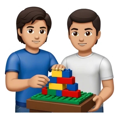 Handsome young man with dark hair built a little heavy like a football player sits with his young fiancé was cascading dark brown hair, putting together Legos sticker