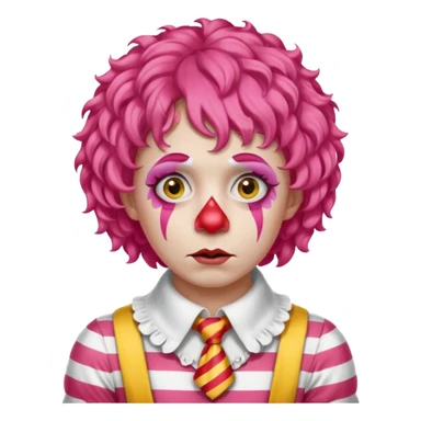 Pink curly wig.

White face paint with red nose and makeup.

Wearing a red-and-yellow striped costume with a white collar.

Wide-eyed, sad expression. sticker