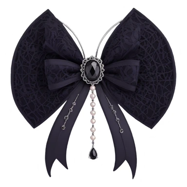 gothic bow, white silk, silver spiderweb brooch, black lace overlay, black feather accents, single black teardrop gem, dark pearl details sticker