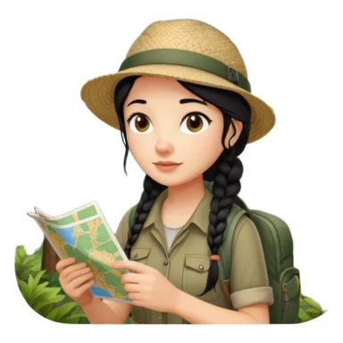 A braid black hair backpacking woman checking her map with curious eyes while walking in the woods with camping hat sticker