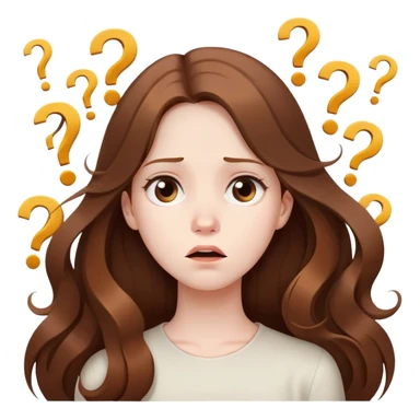 Confused girl with long brown hair surrounded by floating question marks elegant cute  sticker