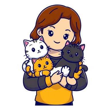 tan brown-haired girl holding two cats, one black cat and one grey-striped cat sticker