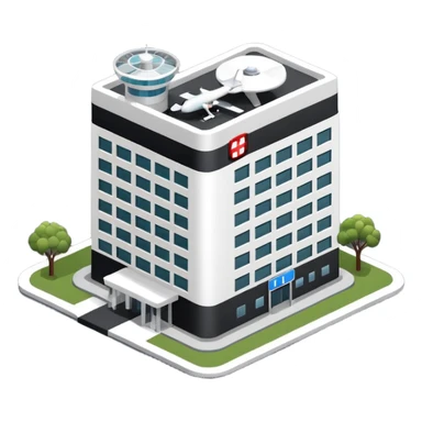 hospital isometric view building with heliport sticker