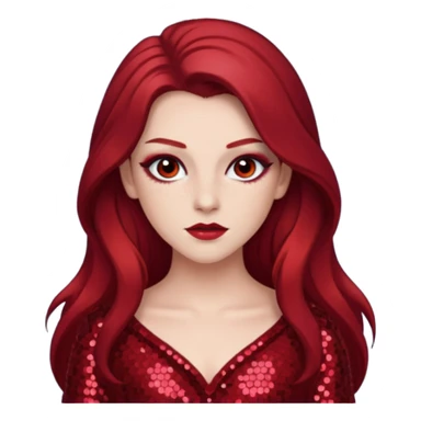 Chappell Roan (b.1998) with long dark red hair, red sequin outfit, makeup sticker