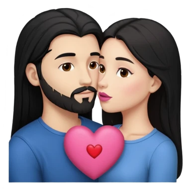 👩🏻‍❤️‍💋‍👨🏻 this one but the man should be bald. white woman with long black hair and white bald young man whoitiut hair and a heart between their heads. she has pink lips and both have brown eyes. he has e full beard but short. sticker