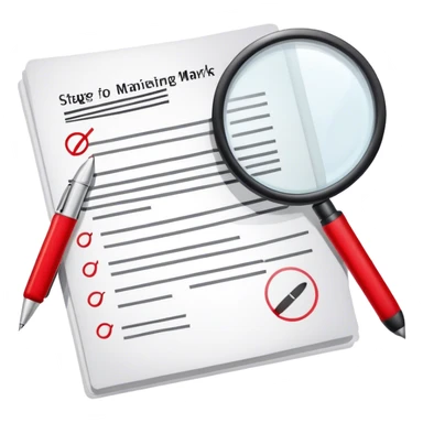 Create an emoji representing editing and proofreading. The design should feature an open document or manuscript with visible text and proofreading marks (such as red underlines or corrections). A red pen or pencil should be placed near the document, symbolizing the act of making edits. Optionally, include a magnifying glass to represent careful review. Use neutral and professional colors like white, black, and red accents to highlight the editing process. Do not include any emojis or smiley faces. Make the background transparent. sticker