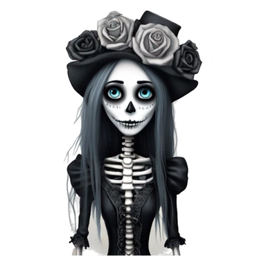 full height skeleton, tim burton "corpse bride", thin porcelain doll with a cracked face, goth makeup watery eyes, long hair, lace and ruffles, lolita style, inked, black and white, red roses, gothic castle with roses sticker
