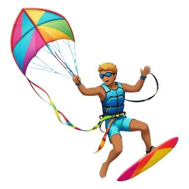 A vibrant kite soaring high in the sky, attached to a kiteboarder riding the waves below. The scene is filled with bright colors, capturing the energy of the sport. The background features the ocean, wind-blown waves, and a clear sky, showcasing the excitement and freedom of kiting. sticker