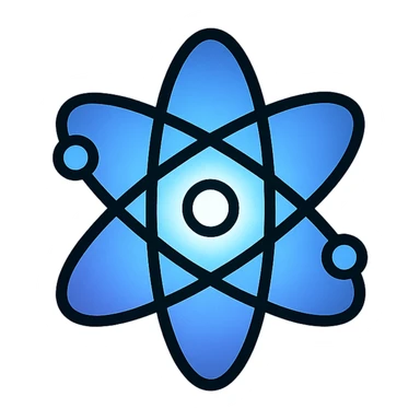 minimalist glowing neutron particle or atomic symbol at center with soft cosmic deep space background, futuristic tech feel, cool tones blue purple white, clean modern 2D flat design, visually distinct at small sizes sticker