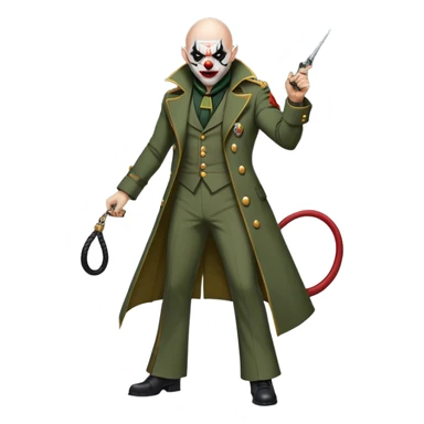 evil clown, bald, black horns on forehead, fangs, pointed ears, eye patch over one eye, long coat over black and military green leisure suit with bellbottom pants, tail, holding a different style of whip, realistically proportioned, less bulky, full body, battle-ready, fighting posture sticker