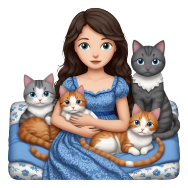 detailed realistic looking a dark grey and white cat regally laying with six other cats, cuddling with their owner in bed who is a pretty bratz lightly tanned white girl with long dark brown hair, blue eyes and gorgeous long wavy hair wearing a pretty detailed dress sticker