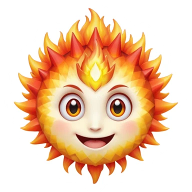 spiky mineral rock characterA single spiky crystal rock character, compact and round with many chunky flame-like spikes, glowing red–orange–yellow gradient like fire, faceted crystal texture, cute face with big shiny eyes and excited smile,

 sticker