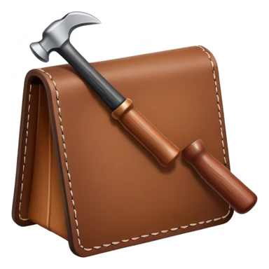 Leatherworking icon, leather piece with visible stitching, hammer and chisel, leather tools, textured surface, minimalistic style, clean lines, transparent background. sticker