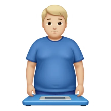 A young slightly overweight male with short dark-blonde hair, medium-light skin, and a relieved facial expression. He stands on a scale, visibly noticing he has lost weight. He wears blue cloth. His posture shows a mix of surprise and relief, with relaxed shoulders and a gentle smile. sticker