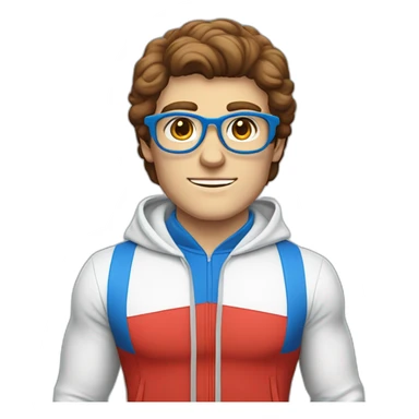 retro 70s blue and red gym clothes for a modern white brunette uni male student with glass sticker