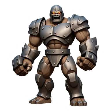 Cinematic Fierce Mighty Iron Golem Portrait Emoji Depicted mid-action in a dynamic, battle-ready stance, massive fists clenched, the ancient metallic plates along its form shifting with raw power. Its eyes blaze like molten fire within a carved, rune-etched face, exuding both divine purpose and mechanical precision. Weathered steel and dark bronze tones are accented by glowing, arcane inscriptions, each detail meticulously crafted with lifelike metallic reflections. High shine, imposing yet regal, styled with an air of indestructible might, soft glowing outline, capturing the essence of an unstoppable colossus that looks ready to charge forth with a thunderous step! sticker