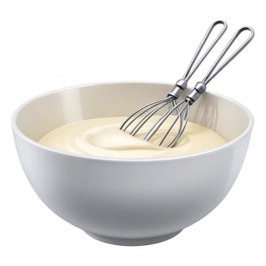 Cinematic Realistic Whisk & Mixing Bowl, a well-used metal whisk resting in a smooth ceramic mixing bowl, light reflecting off the whisk’s polished surface, subtle smears of batter along the rim, glowing with a sense of warmth and creativity. sticker