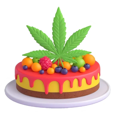 colorful frosted fruit cake with cannabis leaf on a plate sticker