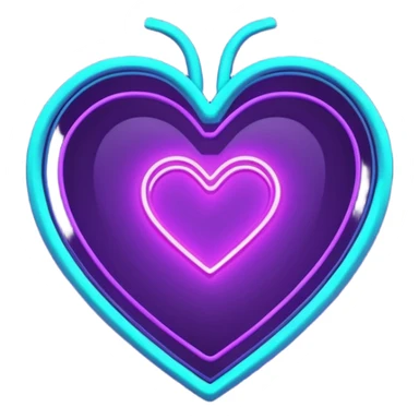 futuristic minimalistic glowing heart made of purple (#8B5CF6) and cyan (#00E0FF) neon lines, dark background, digital tech aesthetic, no face, 1:1 aspect ratio sticker