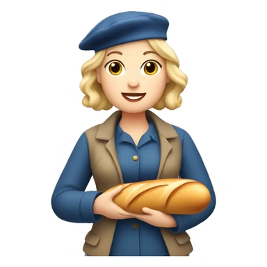 Chubby blonde woman in France holding a baguette wearing a beret sticker