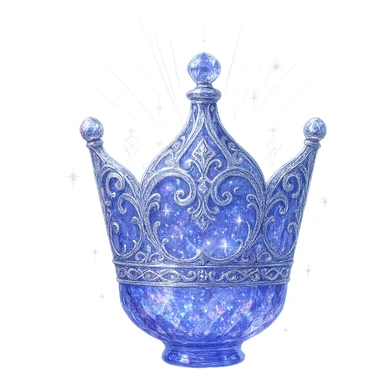 ultra luxurious crystal elixir bottle, elegant and clearly crown-shaped (not a flask), color #7986cb, multi-layered holographic and silver filigree, intricate crystal texture, magical glowing and sparkling effects, radiant light beams, very small neck, seamless and beautifully rounded closed bottom, transparent background, bottle clearly floating in air, no base or shadow, not standing, modern, collection style, extremely beautiful and refined sticker