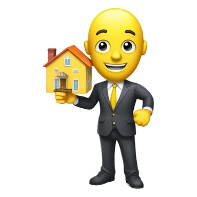  A ISOMETRIC VECTOR 3D cartoon character with a yellow body is holding a house-shaped sign that reads 'FUCCI' . The character is wearing a  suit, white shirt, and tie,  The character has an smiling emoji face and is giving a thumbs-up with their right arm sticker